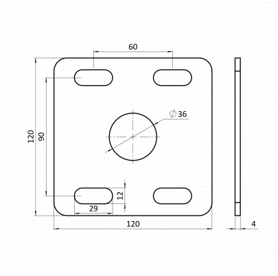 Platňa 119x119x5mm, bez povrchovej úpravy s dierou 36mm