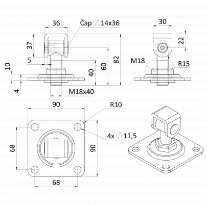 Záves M18 platňa 90x90mm, nastaviteľný 1D, čiastočný pozink