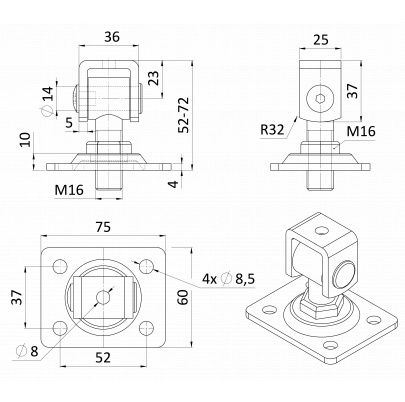 Záves nastaviteľný s platňou 75x60mm, závit M16, pozinkovaný , nastavovacia matica M18