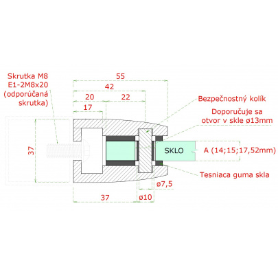 Svorka plochá na 40x40mm, sklo 14-17.52mm, brúsená AISI304