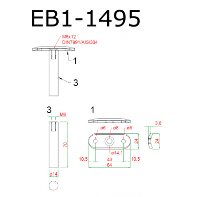 Držiak madla na trubku ø42.4mm ku EB1-777, brus AISI304