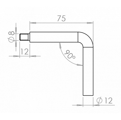 Uholník 90°, M8/M6, ø12mm, L-75mm, K320/AISI304