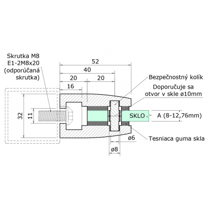 Svorka na jokel 40x40mm, sklo 8-12.76mm, brúsená AISI304