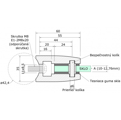 DOPREDAJ! Svorka skla na trubku ø 42.4mm, sklo 10-12.76mm, brus AISI304