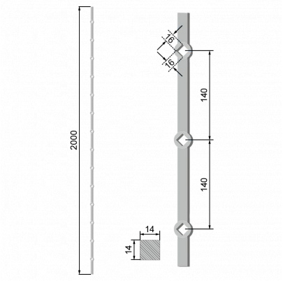 Tyč 2m opieskovaná, profil 14mm, rozteč 140mm, oko 14,5mm